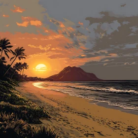 Beach Sunset with Mountain View