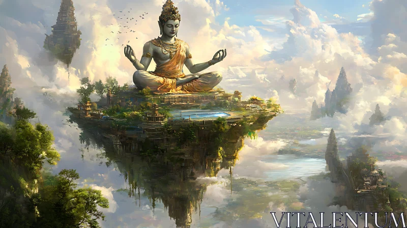 Floating Island Buddha Statue Meditation AI Image