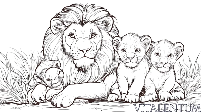 AI ART Lion and Cubs Line Art