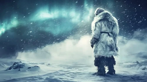 Snowy Aurora Landscape With Fur Clothed Person