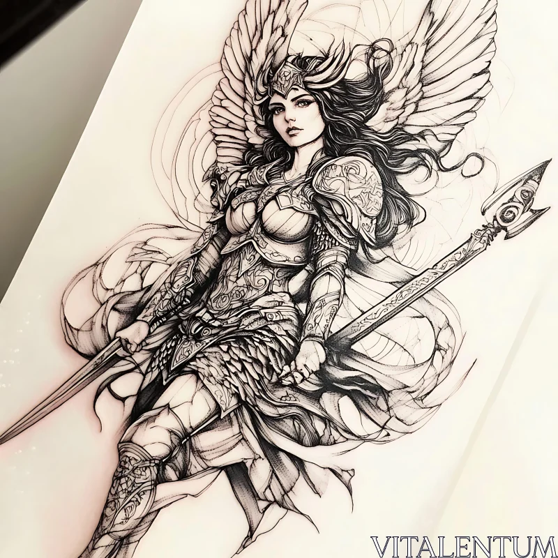 AI ART Monochrome Angelic Warrior with Spear