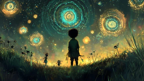 Child Stargazing in a Whimsical Field