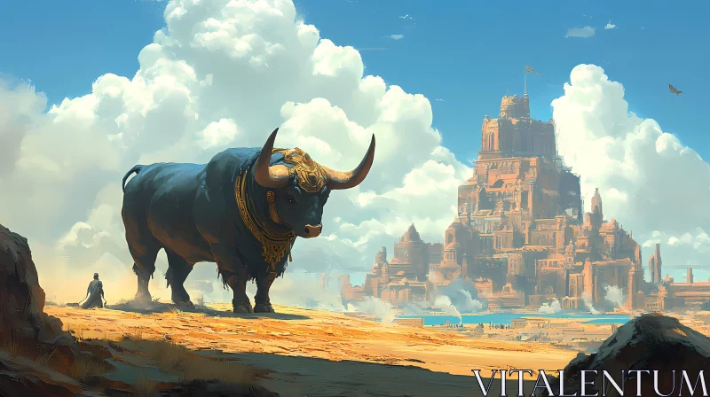 Fantasy Landscape with Bull and City AI Image