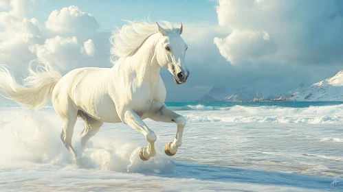 White Horse in Ocean Waves