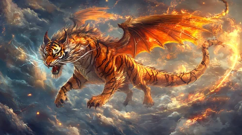 Winged Tiger Dragon Soaring Above Clouds