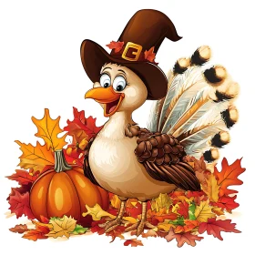 Cartoon Turkey with Pumpkin and Autumn Leaves