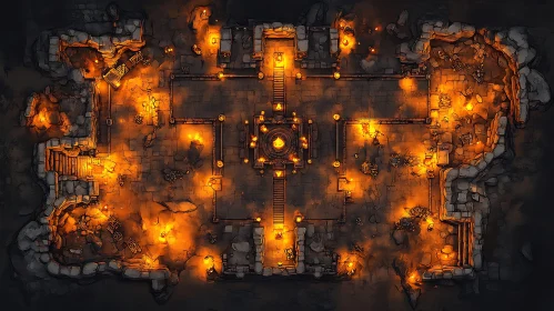 Mystical Dungeon Layout with Illuminated Torches