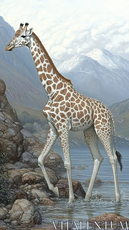 Giraffe by the Lake in Mountain Scene AI Image