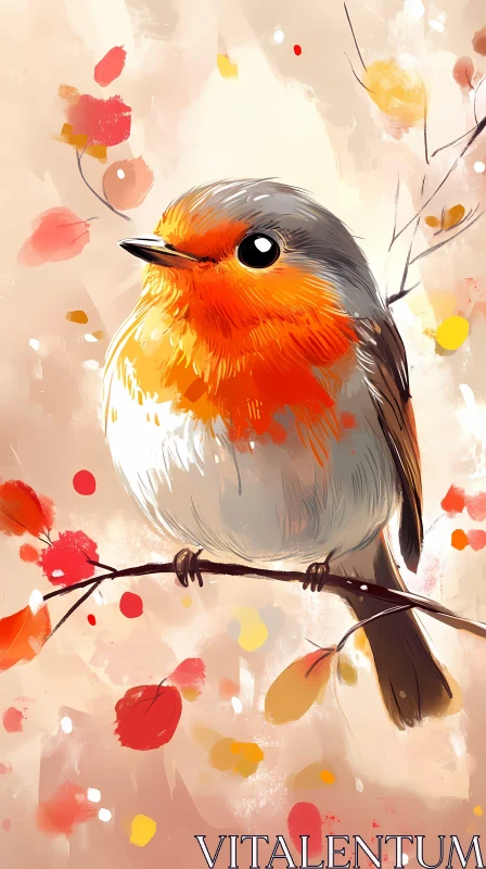 AI ART Bird on Branch with Autumn Leaves