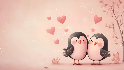 Cartoon Penguins Love and Hearts