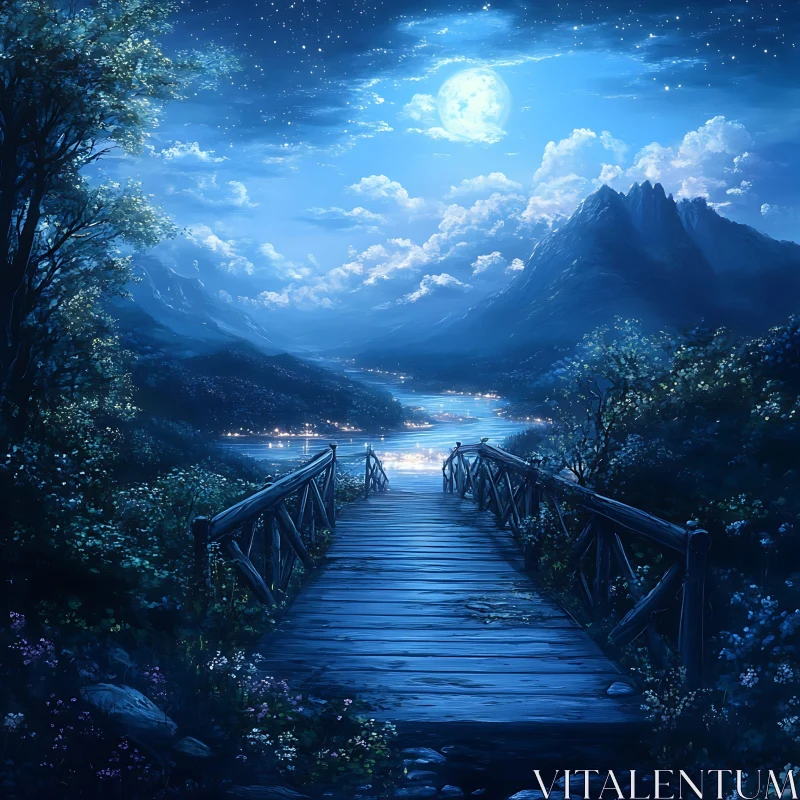Night Landscape with Wooden Bridge AI Image
