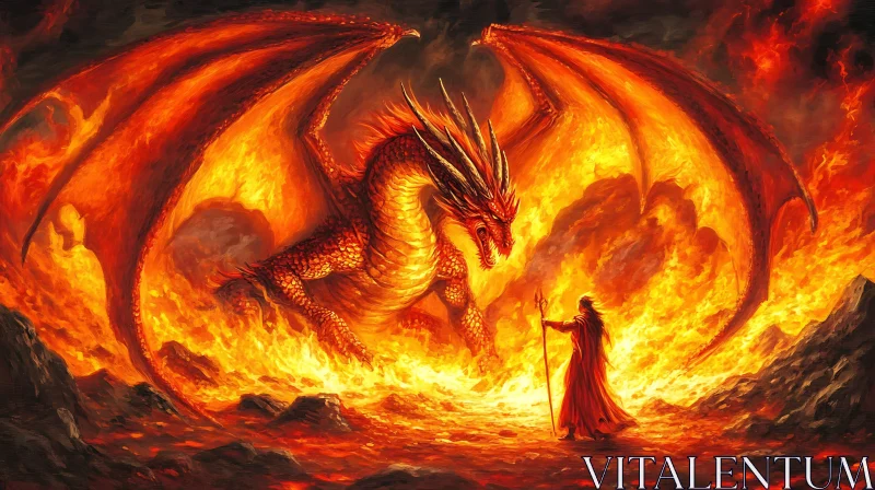 AI ART Dragon and Wizard in a Sea of Fire