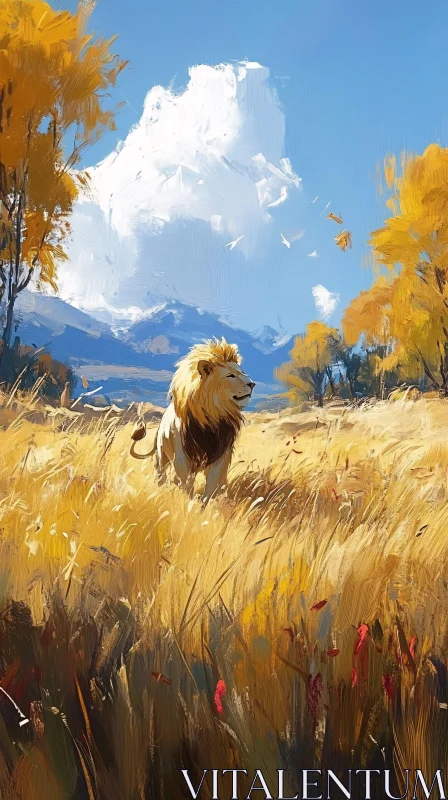 Lion in Autumn Landscape AI Image