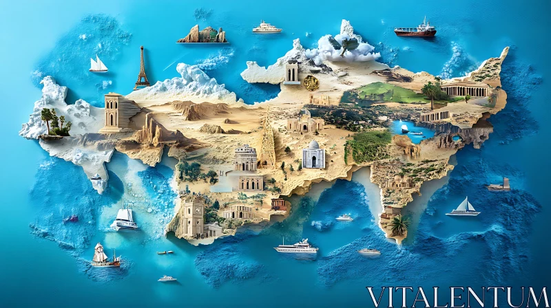 World Map with Iconic Architectural Wonders AI Image