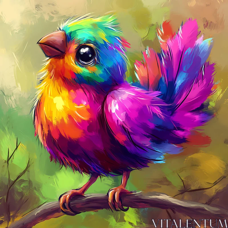 AI ART Rainbow Feathered Bird on Branch