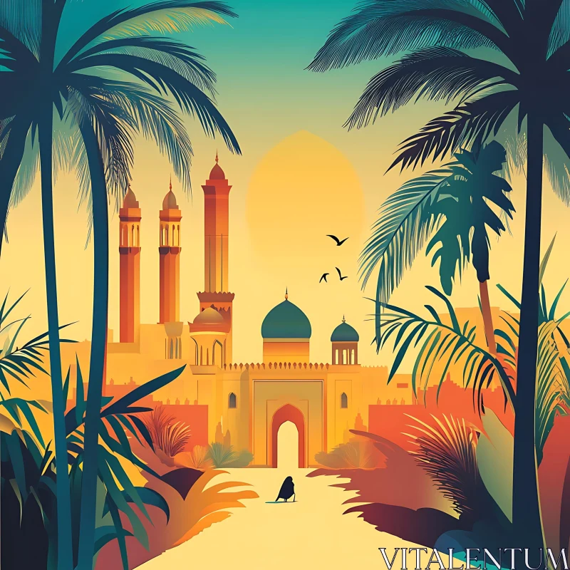 AI ART Sunset Mosque Serenity Palm Trees