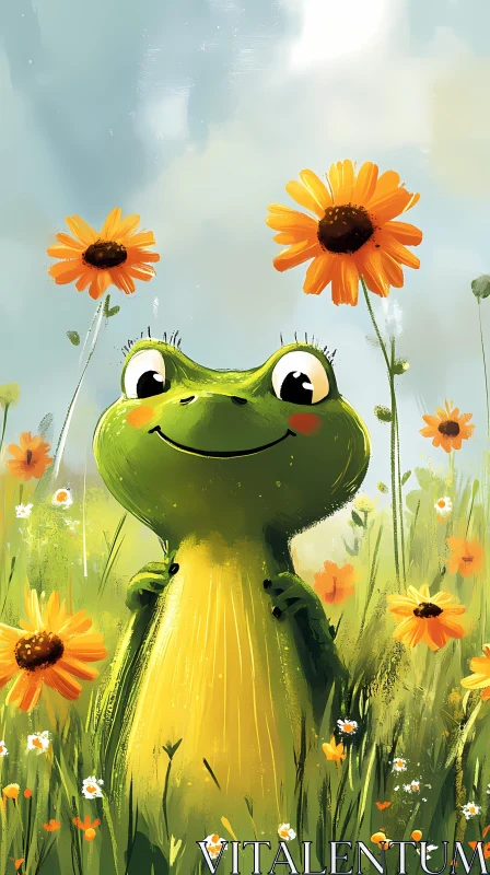 Happy Frog in Blooming Field AI Image