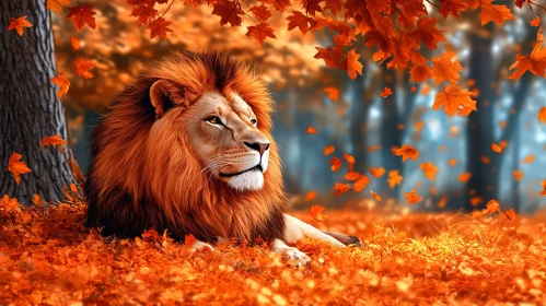 Lion Among Falling Leaves