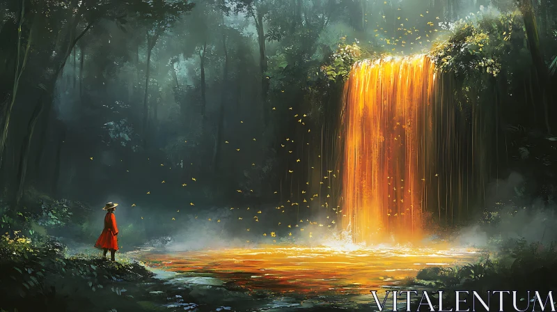 Luminous Waterfall in Mystical Forest AI Image