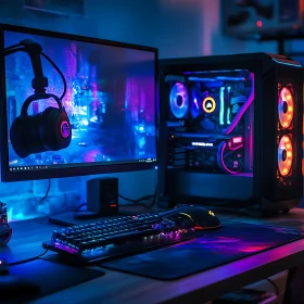 High-Tech Gaming Rig with Neon Lighting