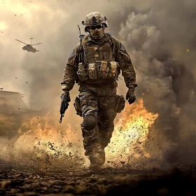 Warrior Walking Through Fire and Destruction