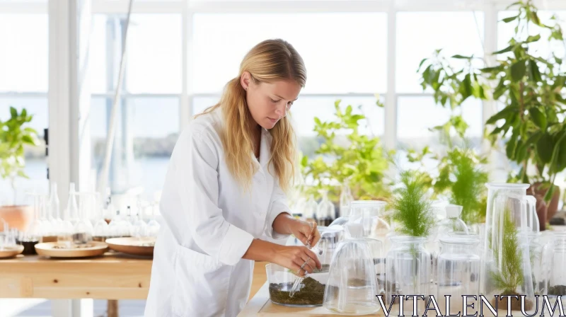 Captivating Image of a Woman Working with Plants in a Lab AI Image