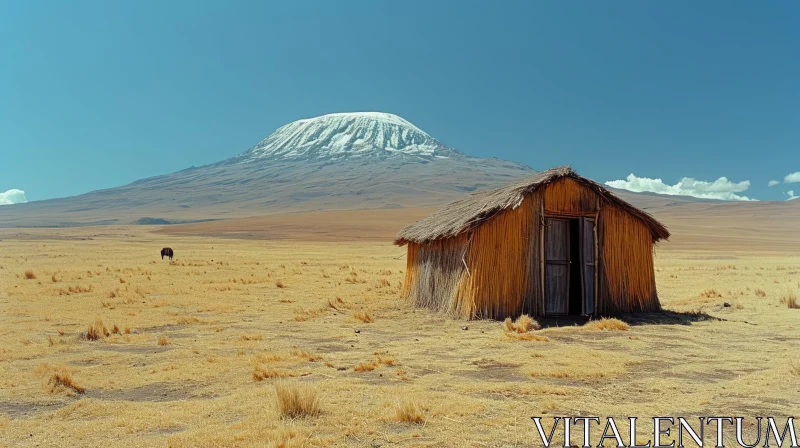 Captivating Landscape: Adobe Hut and Majestic Mountain AI Image