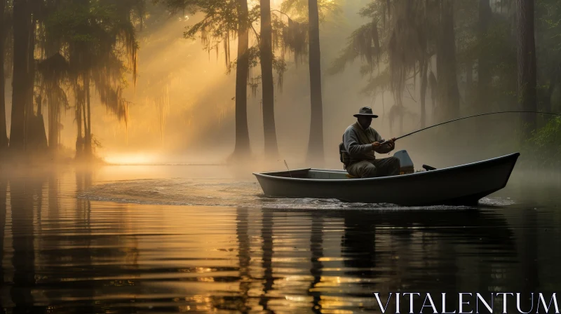 Captivating Nature Photography: Man Fishing in a Boat on a Foggy Morning AI Image