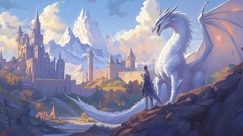 Dragon and Castle in Mountain Landscape