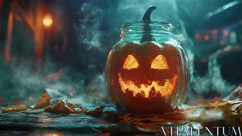 Spooky Pumpkin Lantern in Misty Setting AI Image