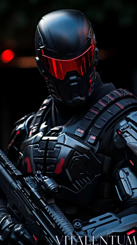 Cybernetic Soldier in Black with Red Flashlight AI Image