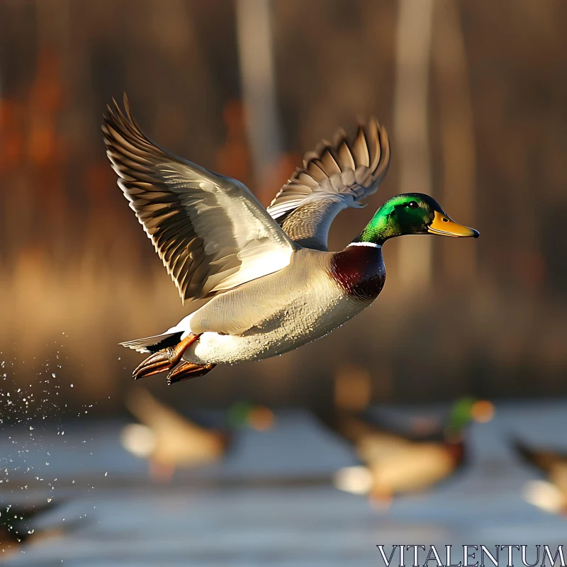 Flying Mallard Duck over Water AI Image