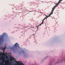 Floral Pink Landscape with Mountain Backdrop