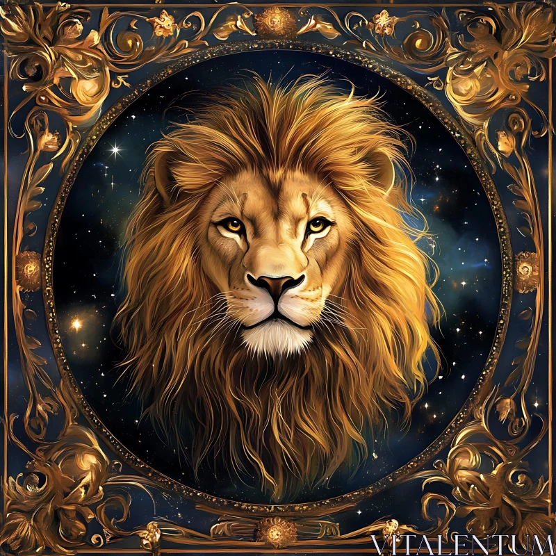 AI ART Golden Lion in Starry Frame