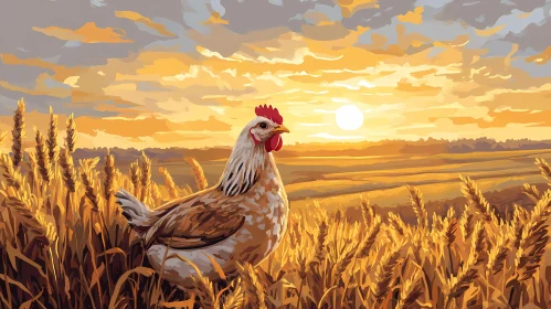 Chicken at Sunset in Wheat Field