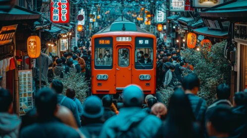 Vibrant Japanese Street with Red Metro Train | Y2K Aesthetic