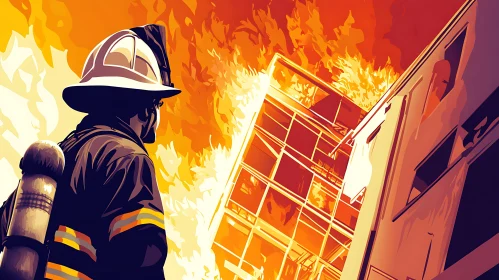 Heroic Firefighter Facing a Blazing Building