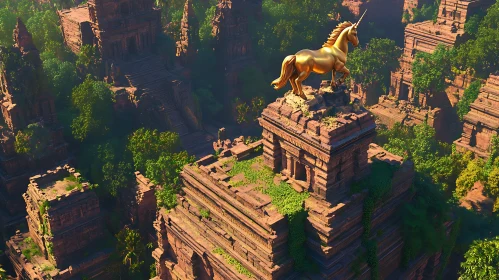 Jungle Temple with Golden Unicorn Sculpture