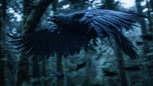 Black Raven Flight in Misty Woods