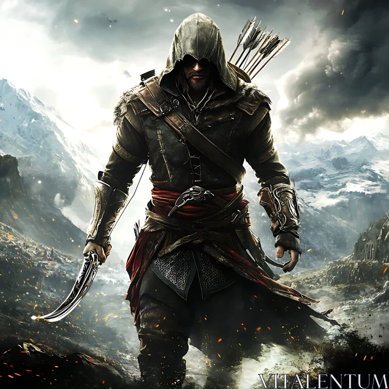 Hooded Warrior in Mountain Landscape AI Image