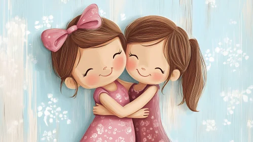 Two Cartoon Girls Hugging Illustration