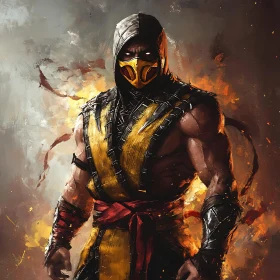 Masked Fighter in Shadows and Flame