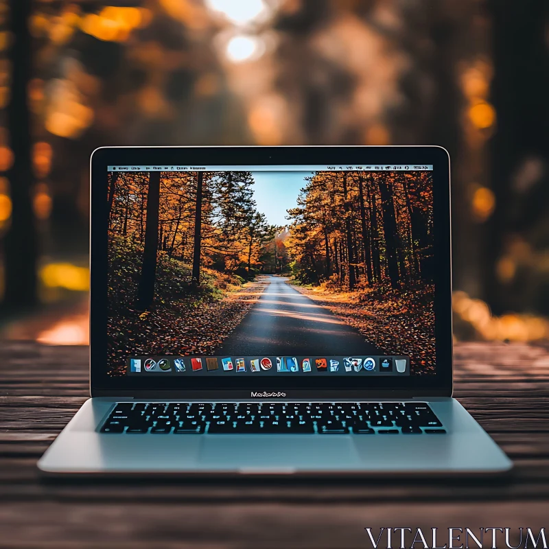 Autumn Forest Path Displayed on Laptop in Outdoor Setting AI Image