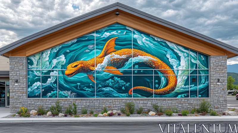 AI ART Serpentine Dragon Mural on Building Facade