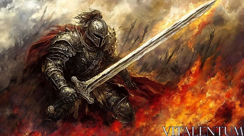 AI ART Fiery Battlefield Warrior with Sword