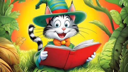 Cartoon Cat Reading Book Illustration