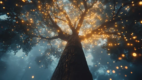 Mystical Tree in Fog with Fairy Lights