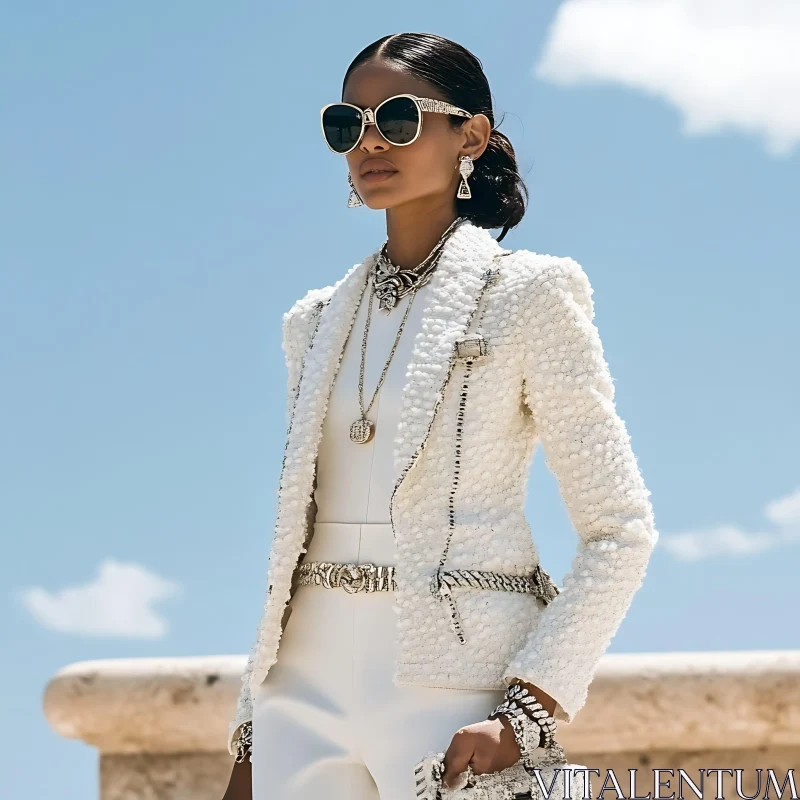 Luxurious White Outfit with Chic Accessories AI Image