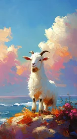 Pastel Goat on Rock with Clouds