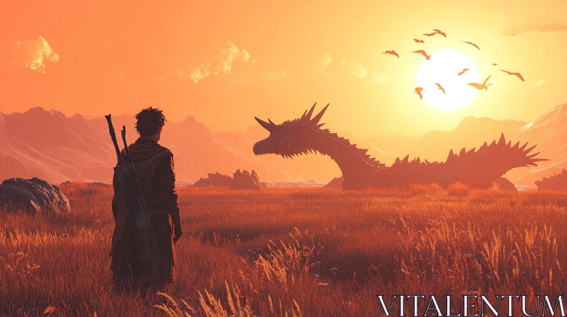 AI ART Man and Dragon at Sunset